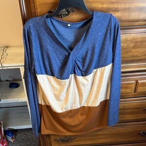 SHEIN Blue and Brown Colorblock Long Sleeve Top